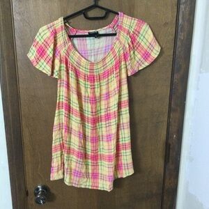 Torrid Women 2 2X Yellow Plaid Smocked Crew Neck Blouse Crinkle Gauze Flutter